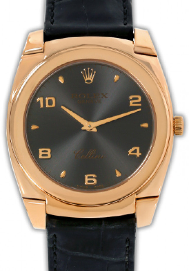 Rolex 5330 Rose Gold on Strap Black with Gold Arabic & Index